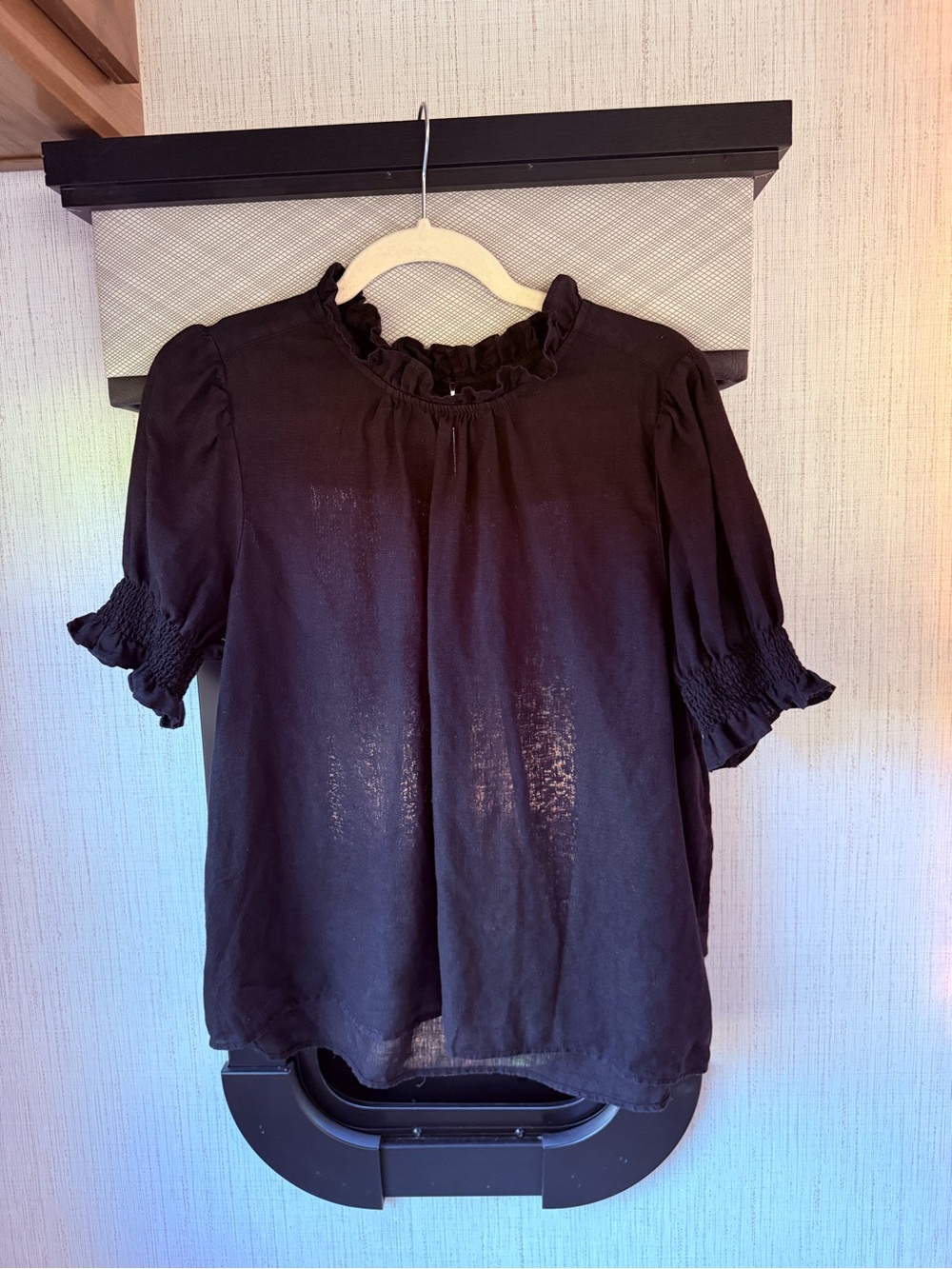 J.Crew Black 100% Linen Ruffle Puff Sleeve Blouse XL